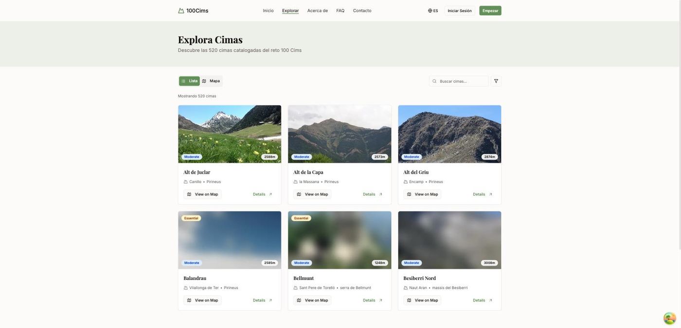 The catalog. All 520 summits with altitude, range and difficulty, filterable by any of them. Every photograph arrived with the Wikidata sync.