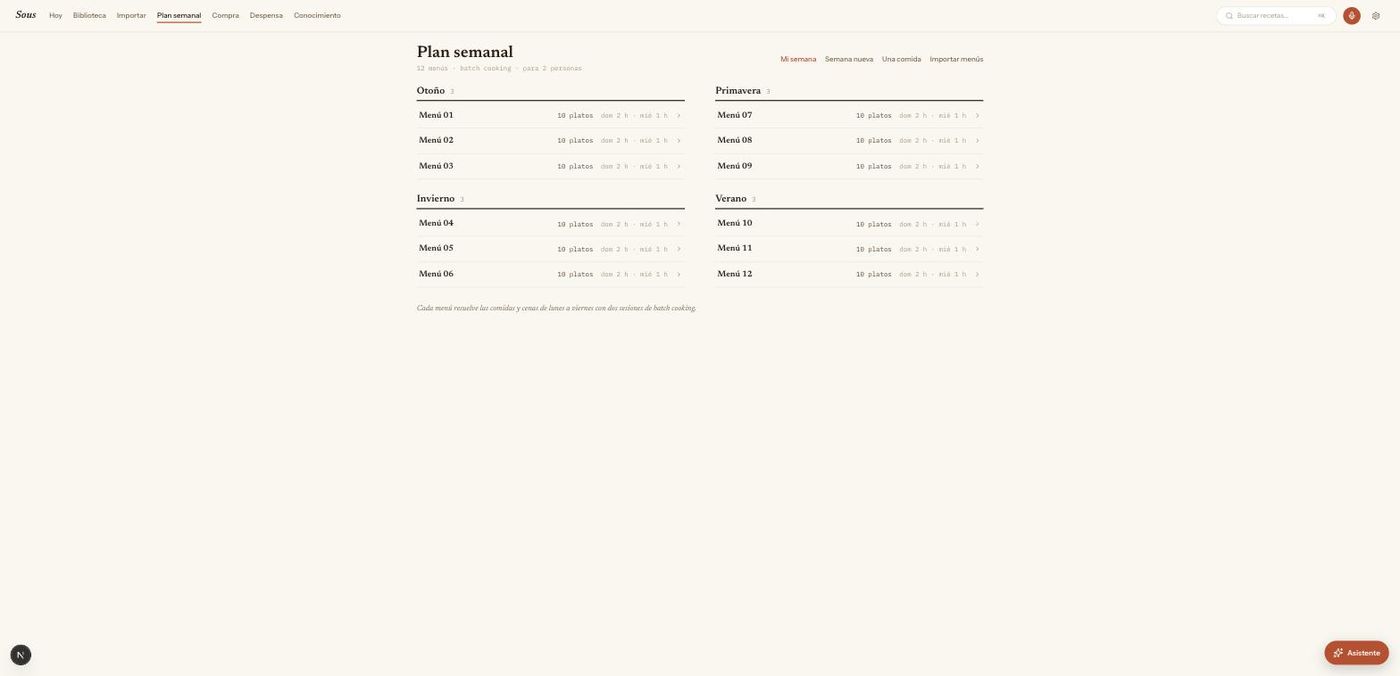 The plan. Twelve batch-cooking menus by season. Each one covers lunch and dinner Monday to Friday from two cooking sessions.